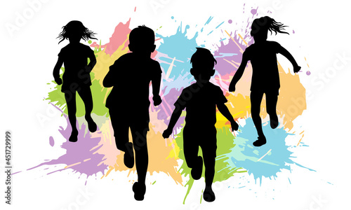Silhouette of running children on background of color splash blot. Vector illustration