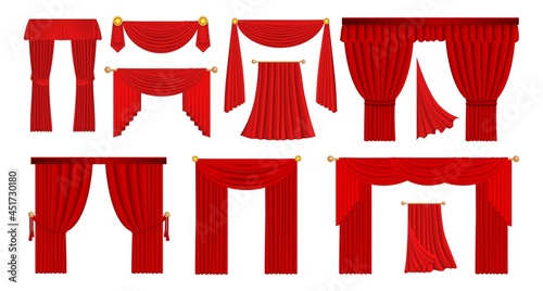 Realistic red drapery. Theater stage and opera scene velvet fabric curtains. Movie cinema hall scarlet wavy cloth. Luxury window decorations set. Vector flowing textile drape template