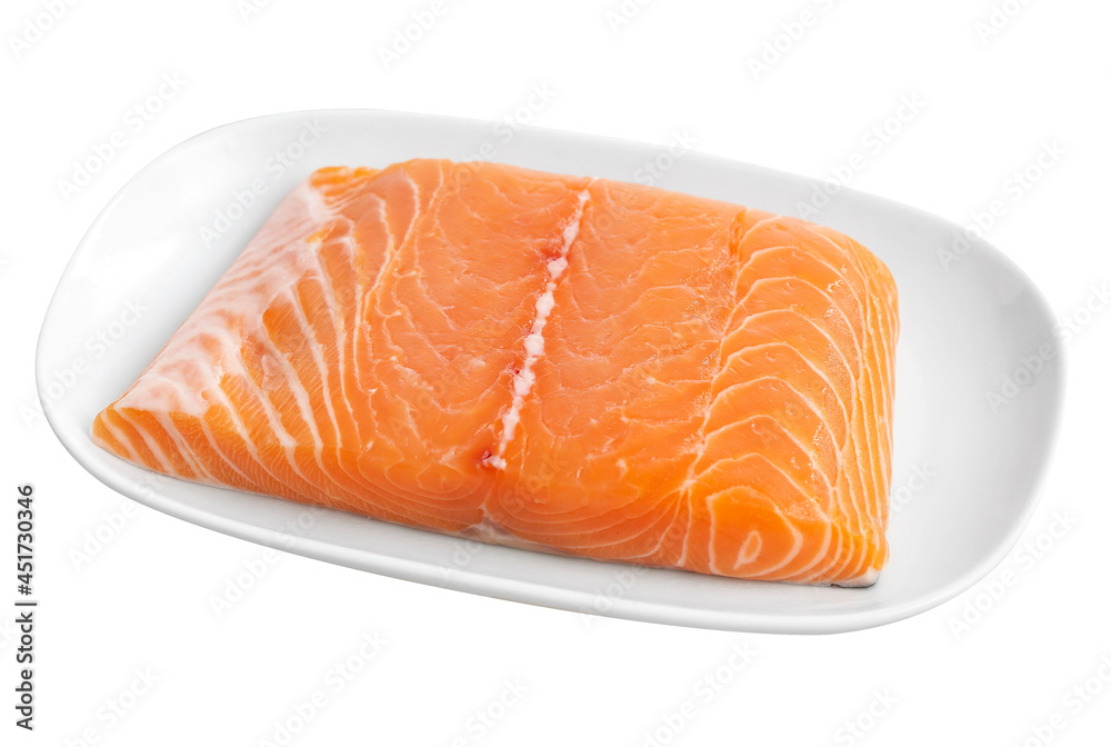 Japanese salmon in ceramic dish on white background