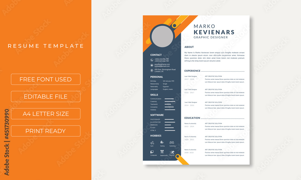 Professional modern resume cv template Stock Vector | Adobe Stock