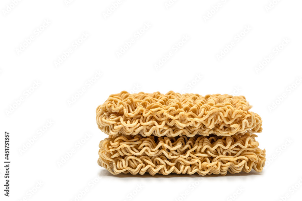 Stack of two instant noodles, side view, close-up image, isolated Instant noodles on white background. Stack of two instant noodles, side view, close-up image, isolated Instant noodles on white background.