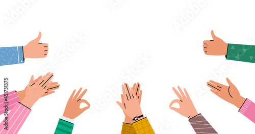 Loud applause, greeting and support. Human hands clap and thumbs up. Illustration of team support, public approval, public congratulations. 