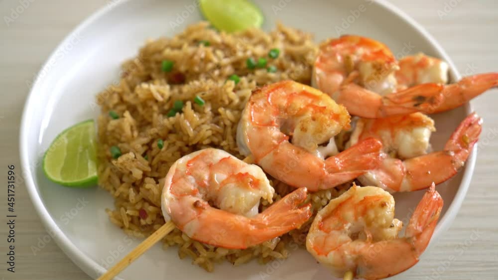 fried rice with shrimps or prawns skewers fried rice with shrimps or prawns skewers