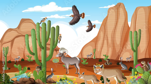 Desert forest landscape at daytime scene with willd animals