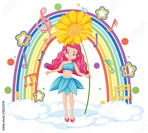 Beautiful fairy standing on a cloud with rainbow