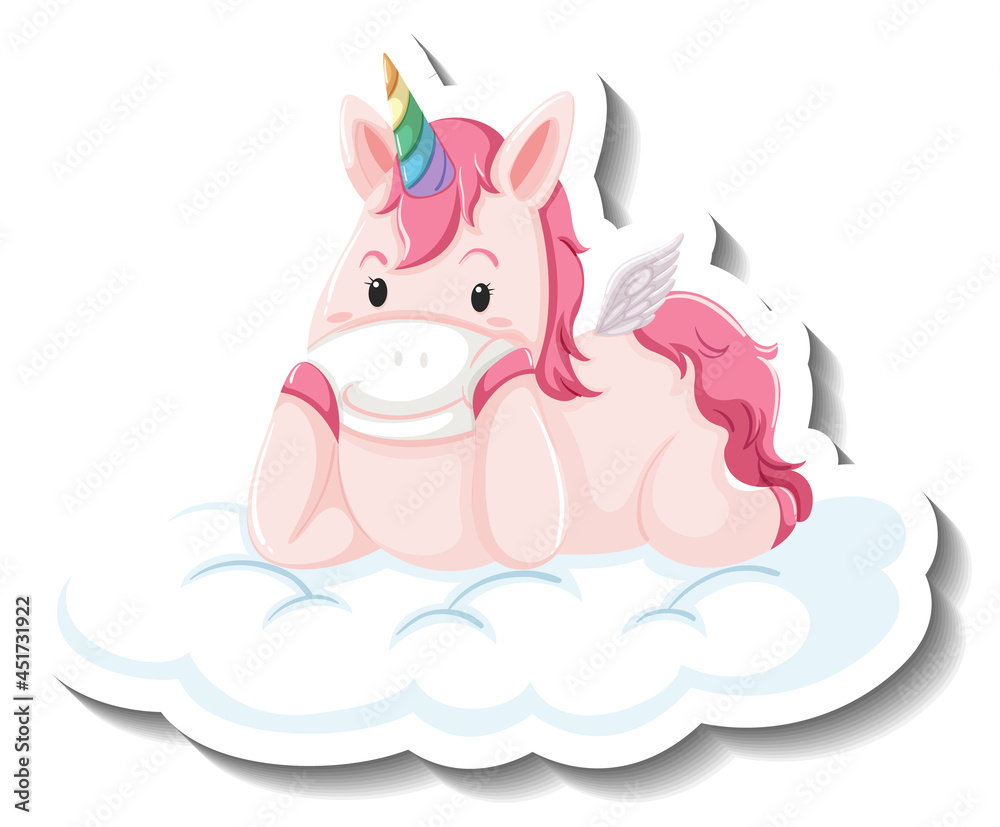 Cute unicorn laying on the cloud on white background Cute unicorn laying on the cloud on white background