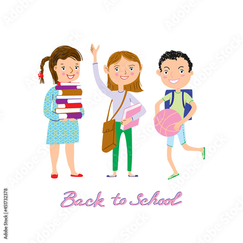 Cartoon schoolchildren vector set. Joyful children with schoolbags, books and ball ready to go back to school. © PerepadiaY