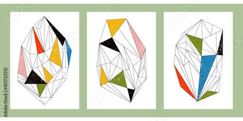 A set of three colorful aesthetic geometric backgrounds. Minimalist social media posters, cover designs, web, home decor. Vintage rainbow illustrations with stripes, shapes, circles, lines, rectangles