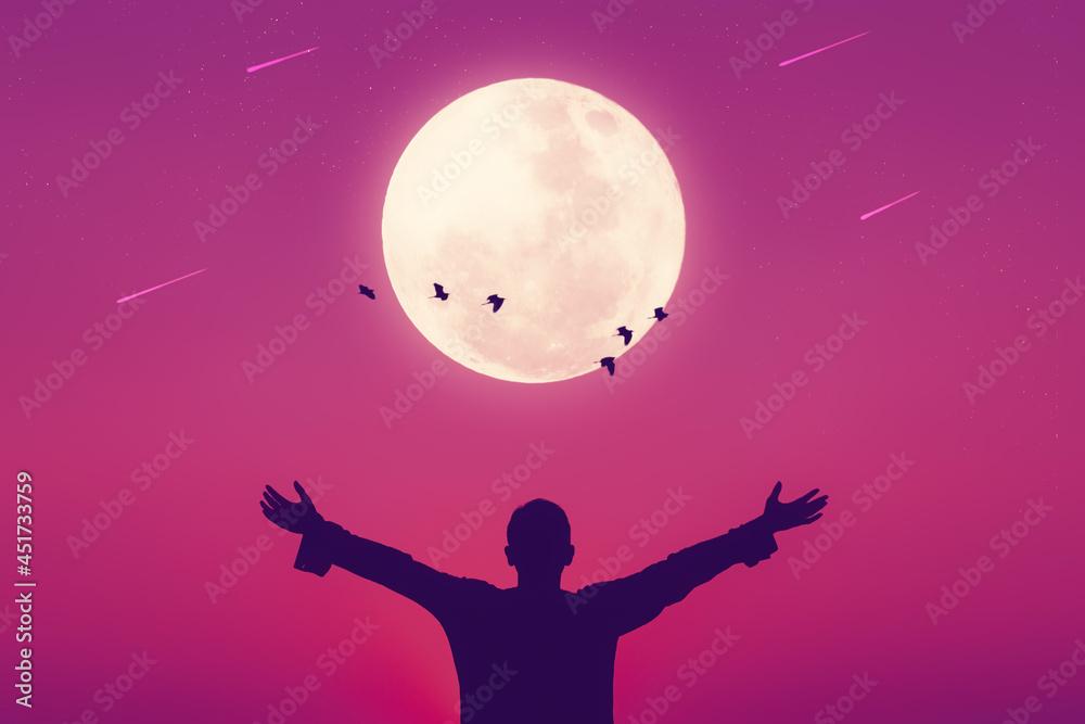 Man raise hand up on sunset sky and birds fly with full moon abstract background. Copy space of freedom travel adventure and business victory concept.