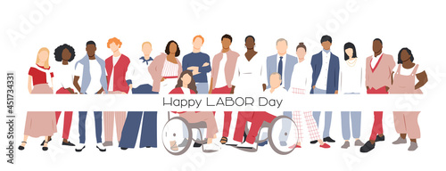 Happy Labor Day card. People of different ethnicities stand side by side together. Flat vector illustration.	