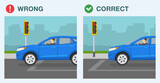 Driving a car. Stop line rule. Blue suv car stopped at red traffic light. Side view. Flat vector illustration template.
