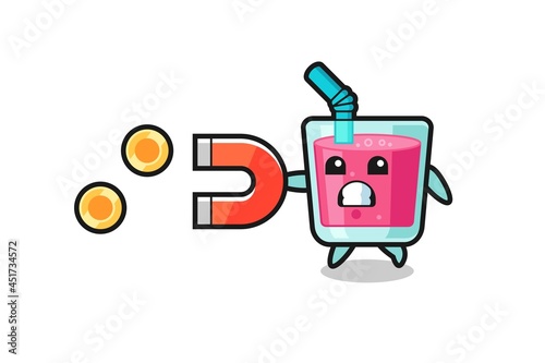 the character of strawberry juice hold a magnet to catch the gold coins