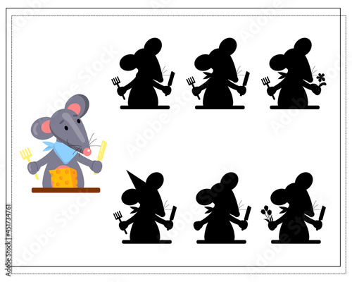 A logical game for children, Find a shadow. cute cartoon rat eating cheese, vector isolated on white background