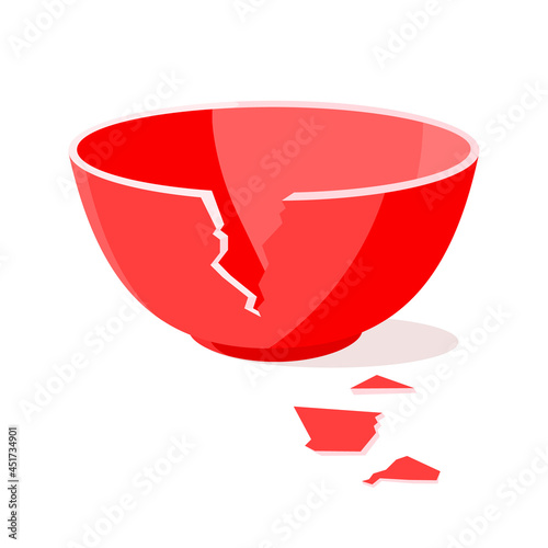 Red broken bowl flat style design vector illustration isolated on white background. Cracked bowl pot with tyny pieces.
