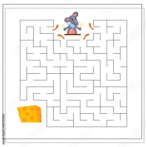 A logical game for children, help the rat to pass the maze and get to the cheese. vector isolated on a white background