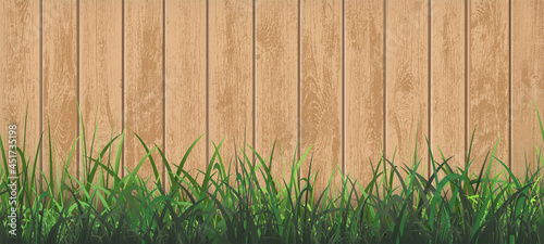 Wooden fence with green grass. Background for copy space