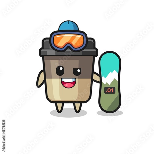 Illustration of coffee cup character with snowboarding style