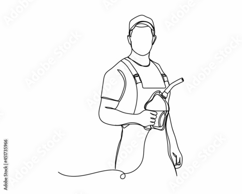 Continuous one line drawing of gas station worker with fuel nozzle icon in silhouette on a white background. Linear stylized.Minimalist.