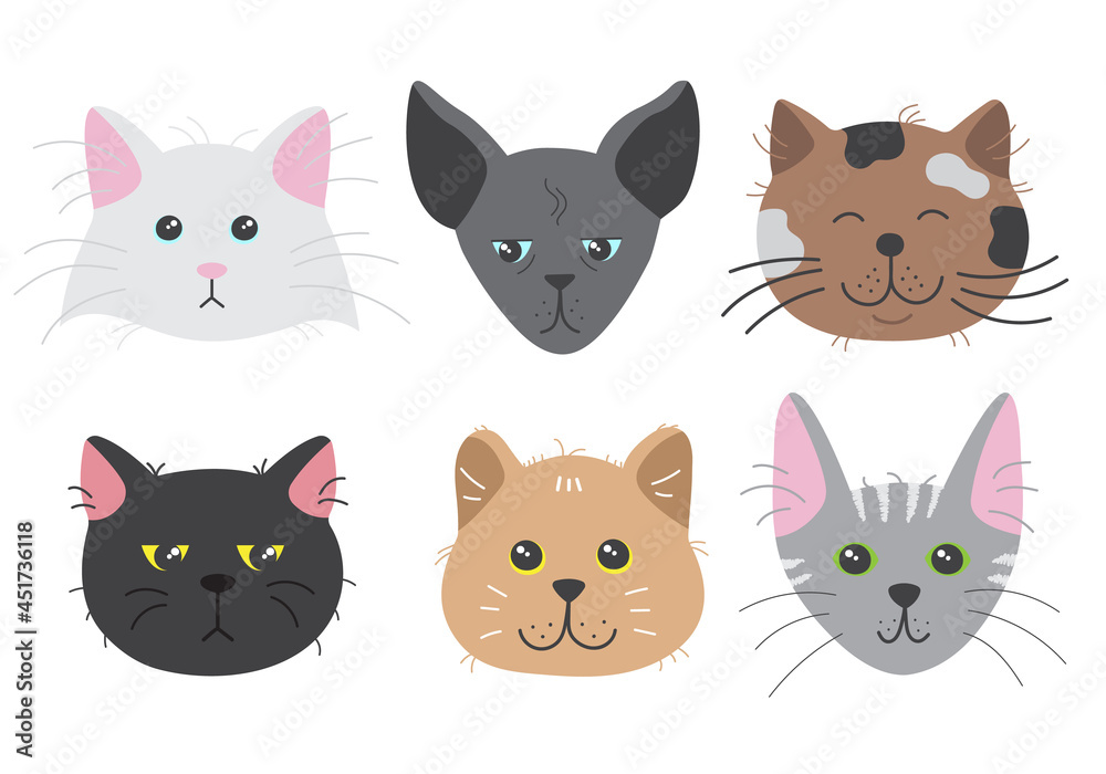 Cute cats heads showing various emotions. Adorable doodle kitties with different face expression. Hand drawn vector illustration of childish pet characters