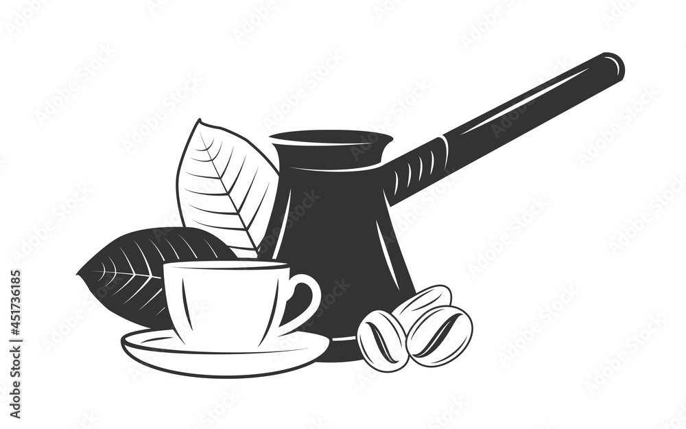 Coffee turk with coffee beans and a cup isolated on white background. Vector illustration