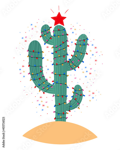 Mexican christmas cactus tree with colorful garland and red star on top. Hand drawn vector illustration of desert cacti with lights. Holiday card or print. Cute winter themed doodle illustration