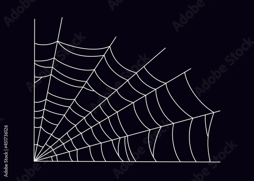 Scary spider web in the corner. White cobweb silhouette isolated on black background. Hand drawn spider web for Halloween party. Vector illustration.