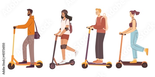 People on scooters. Man and woman riding electric scooter. E-scooter and kick-scooter for rent. Hand drawn flat vector illustration