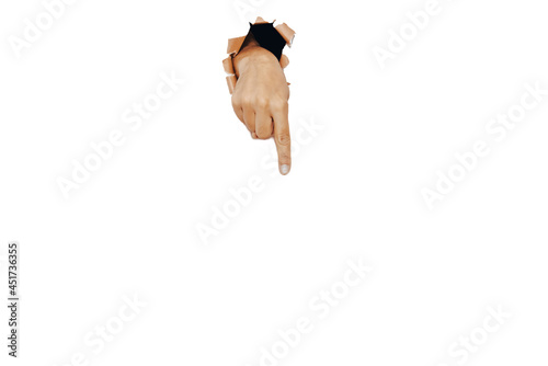 Картината върху платно Hand with finger pointing down after breaking through a white paper wall