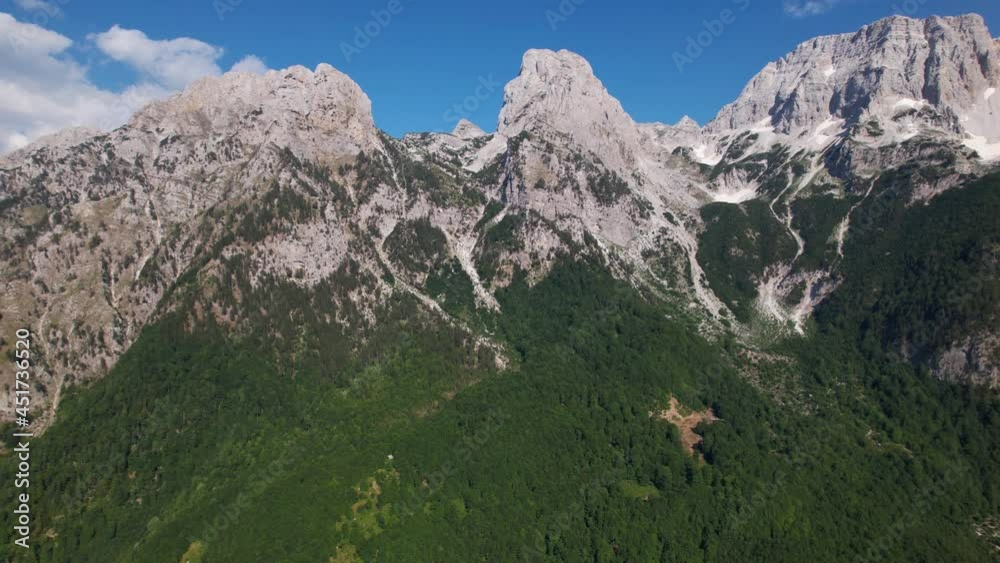 Panoramic view of beautiful valley in Valbona, Albania. High alpine mountains, river and green forest Panoramic view of beautiful valley in Valbona, Albania. High alpine mountains, river and green forest