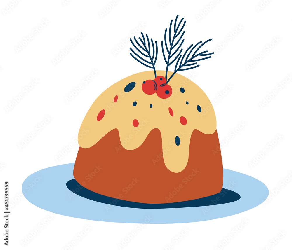 Christmas cake. Happy New Year homemade dessert. Cute hand draw sweet festive meal. Colorful vector illustration in flat cartoon style. Christmas cake. Happy New Year homemade dessert. Cute hand draw sweet festive meal. Colorful vector illustration in flat cartoon style.