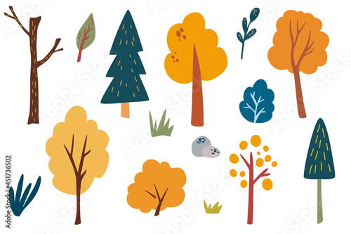 Trees and shrubs. Forest plants clipart collection. Hand draw Wild botanical set. Autumn various types trees and herbs. Scandinavian style vector illustration on white background.