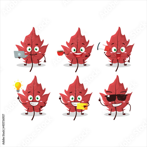 Red autumn leaf cartoon character with various types of business emoticons