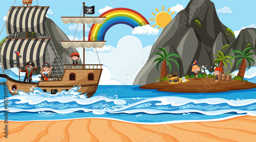 Beach scene at daytime with Pirate kids on the ship