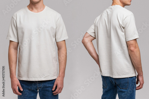Young male in blank white t-shirt, front and back view. Design men t shirt template and mock-up for branding or print. 