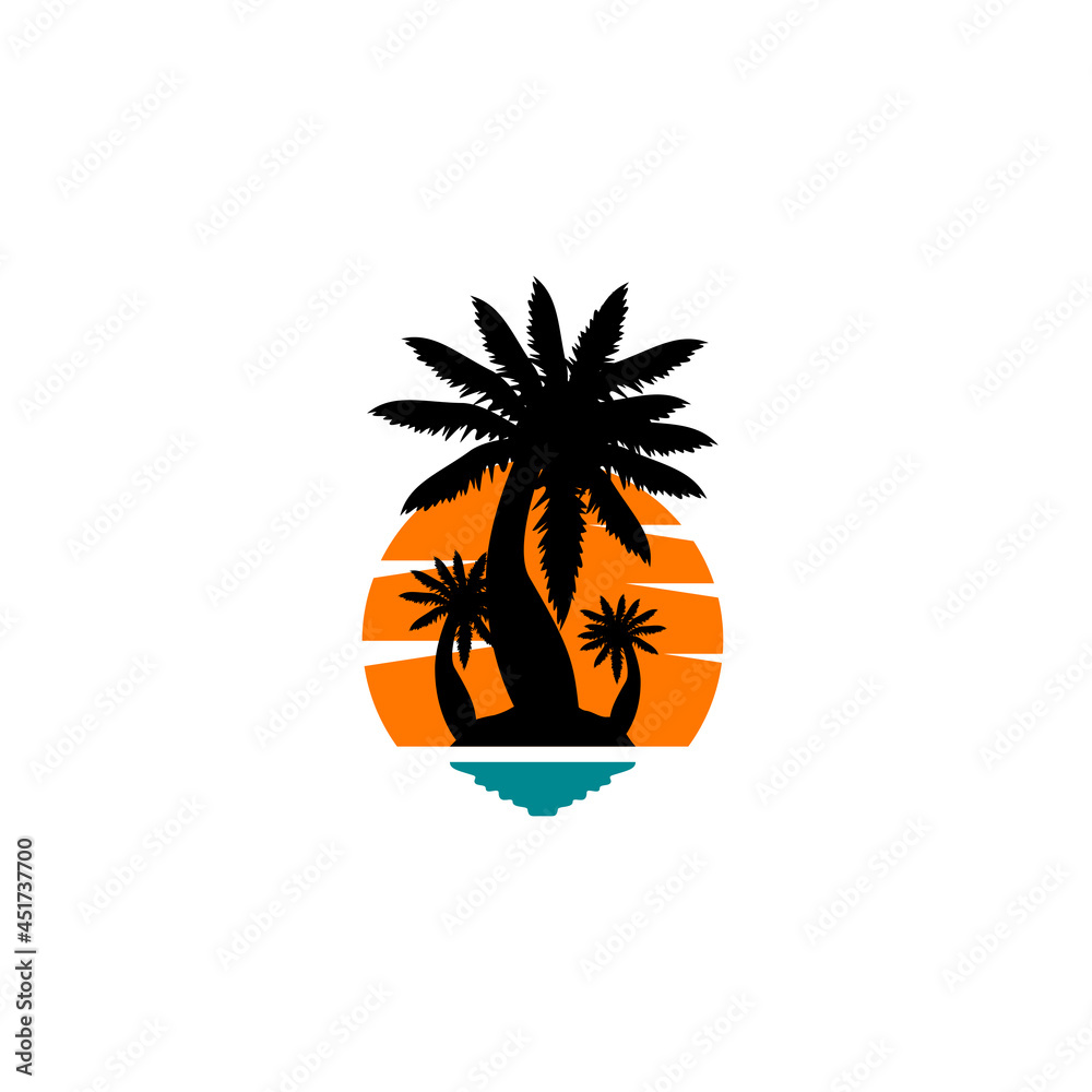 vintage-style logo design template with three palm trees, sea and sunset