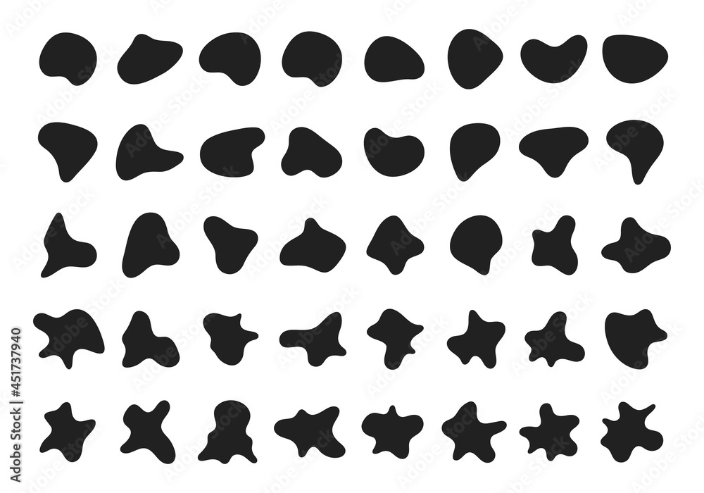 Naklejka premium Random abstract liquid organic black irregular blotch shapes flat style design fluid vector illustration set banner simple shape template for presentation design, flyer, isolated on white background.