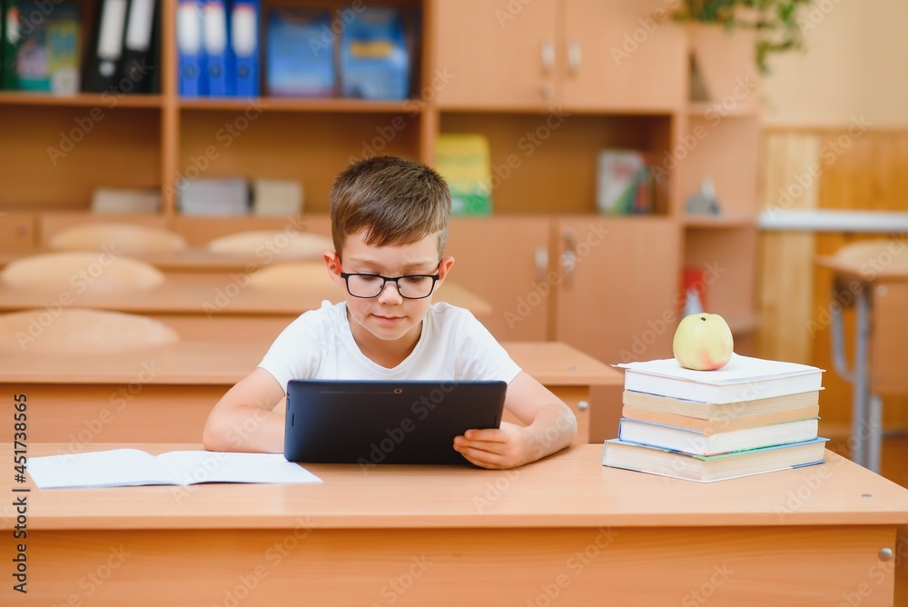 Elementary schoolboy using digital tablet with classmate studying in background at classroom Elementary schoolboy using digital tablet with classmate studying in background at classroom