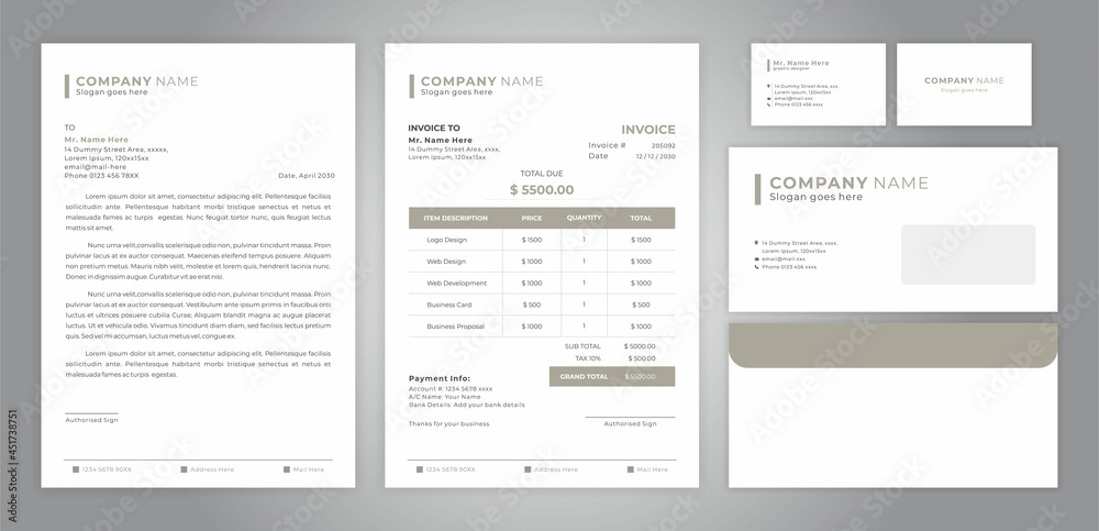 set of letter head, invoice, business card and envelope