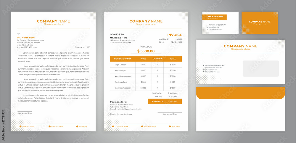 set of letter head, invoice, business card and envelope set of letter head, invoice, business card and envelope