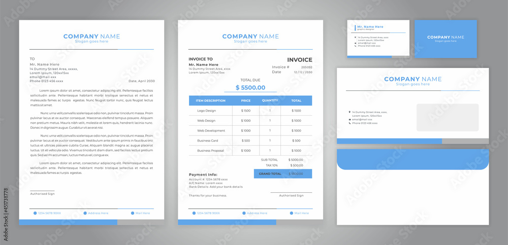 set of letter head, invoice, business card and envelope