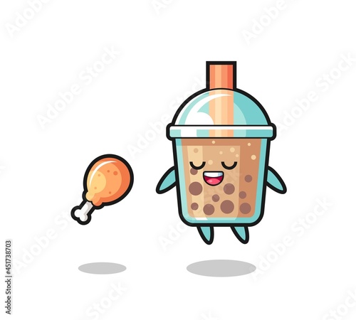 cute bubble tea floating and tempted because of fried chicken