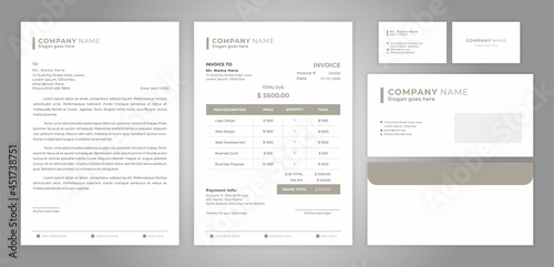 set of letter head, invoice, business card and envelope