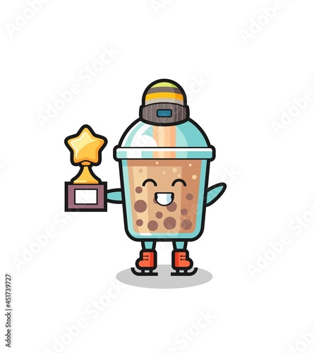 bubble tea cartoon as an ice skating player hold winner trophy