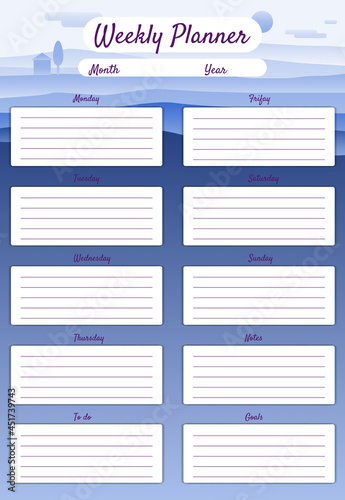 Weekly Planner template vector. Minimal landscape background, To Do list, goals, notes. Business notebook management, organizer photo