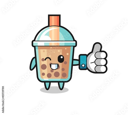 cute bubble tea with social media thumbs up symbol