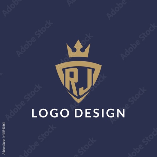 RJ logo with shield and crown, monogram initial logo style