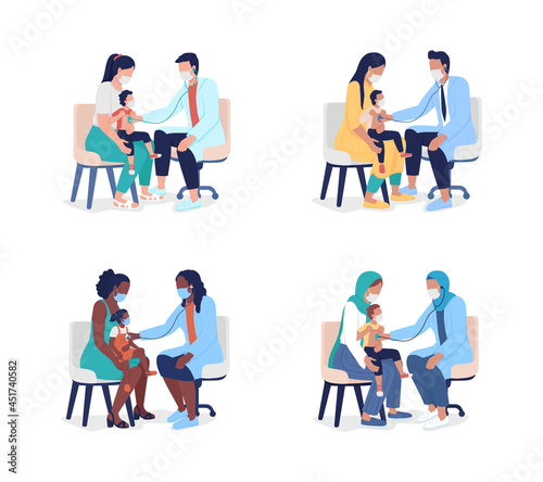 Pediatric examination semi flat color vector characters set. Full body people on white. Family physician examining child isolated modern cartoon style illustration for graphic design and animation