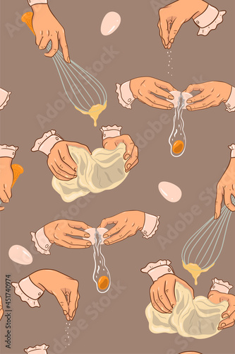 Cooking seamless pattern with dough and eggs. Vector graphics.