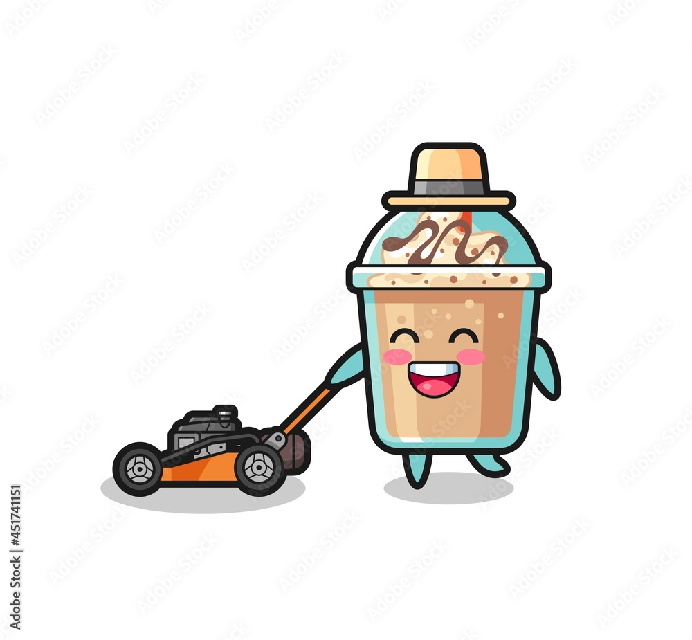 illustration of the milkshake character using lawn mower illustration of the milkshake character using lawn mower