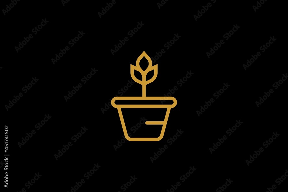 Plant pot logo design. Gardening illustration sign. Outline leaves and pot vector icons.